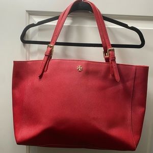Saffiano Tory Burch Emerson Laptop Tote- Red
